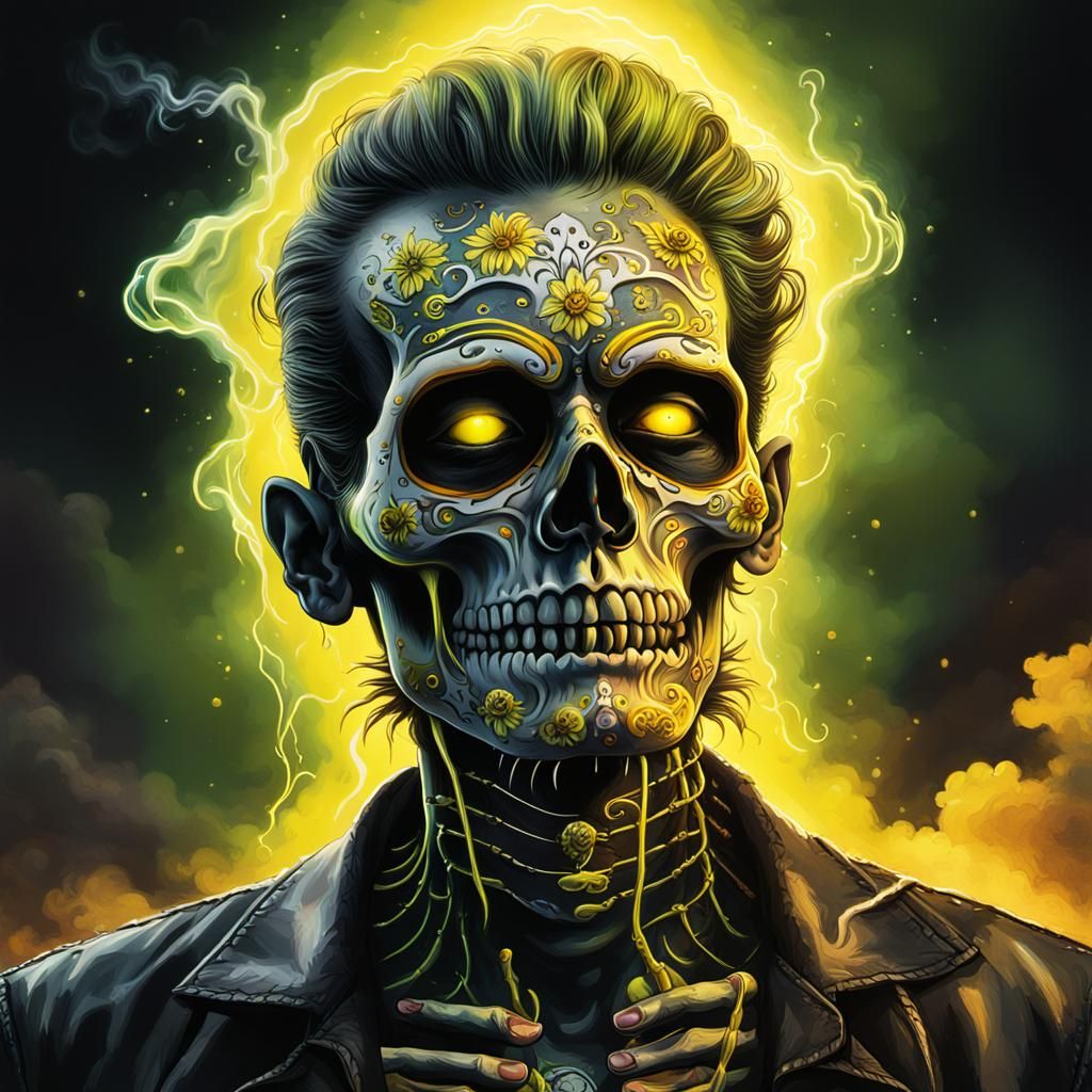 Black chrome 1941 Day of the Dead zombie man smoking with sm...