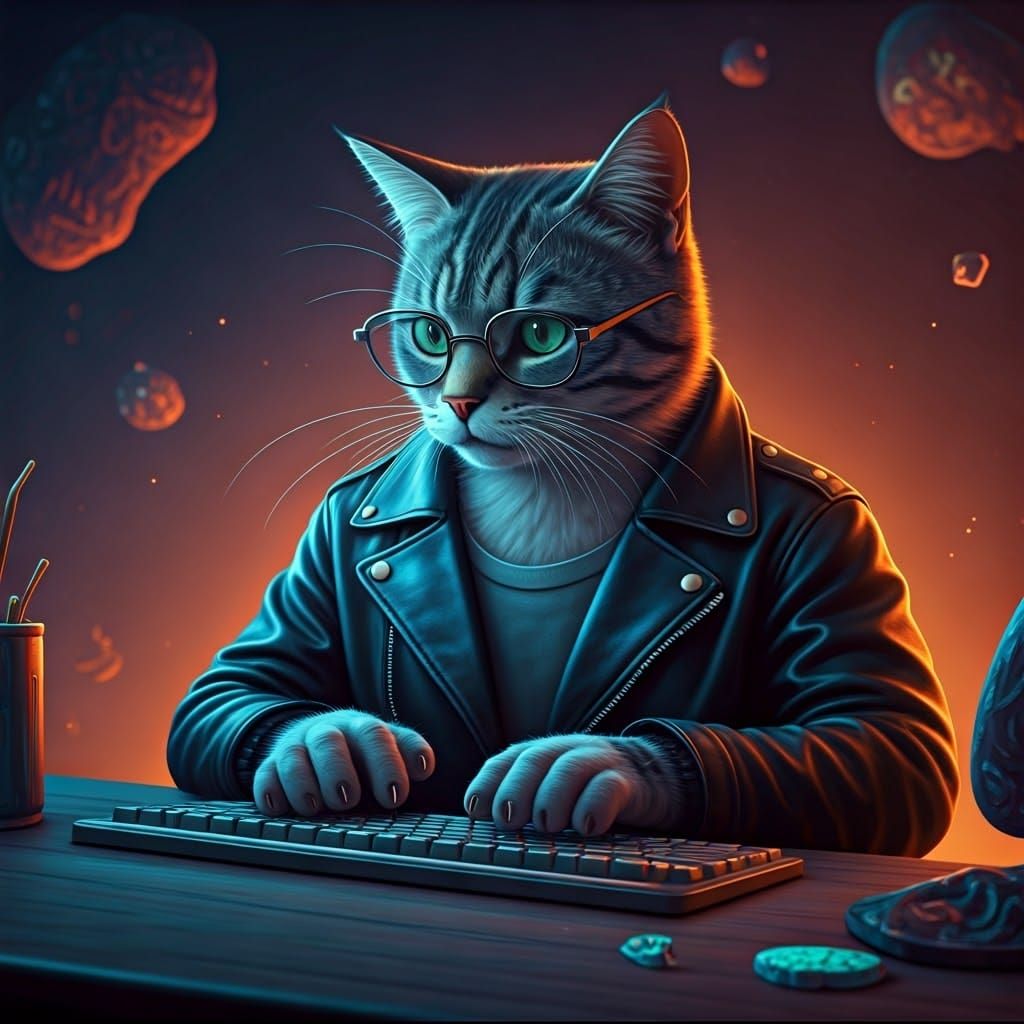 Cyberpunk Cat Typing at Futuristic Computer