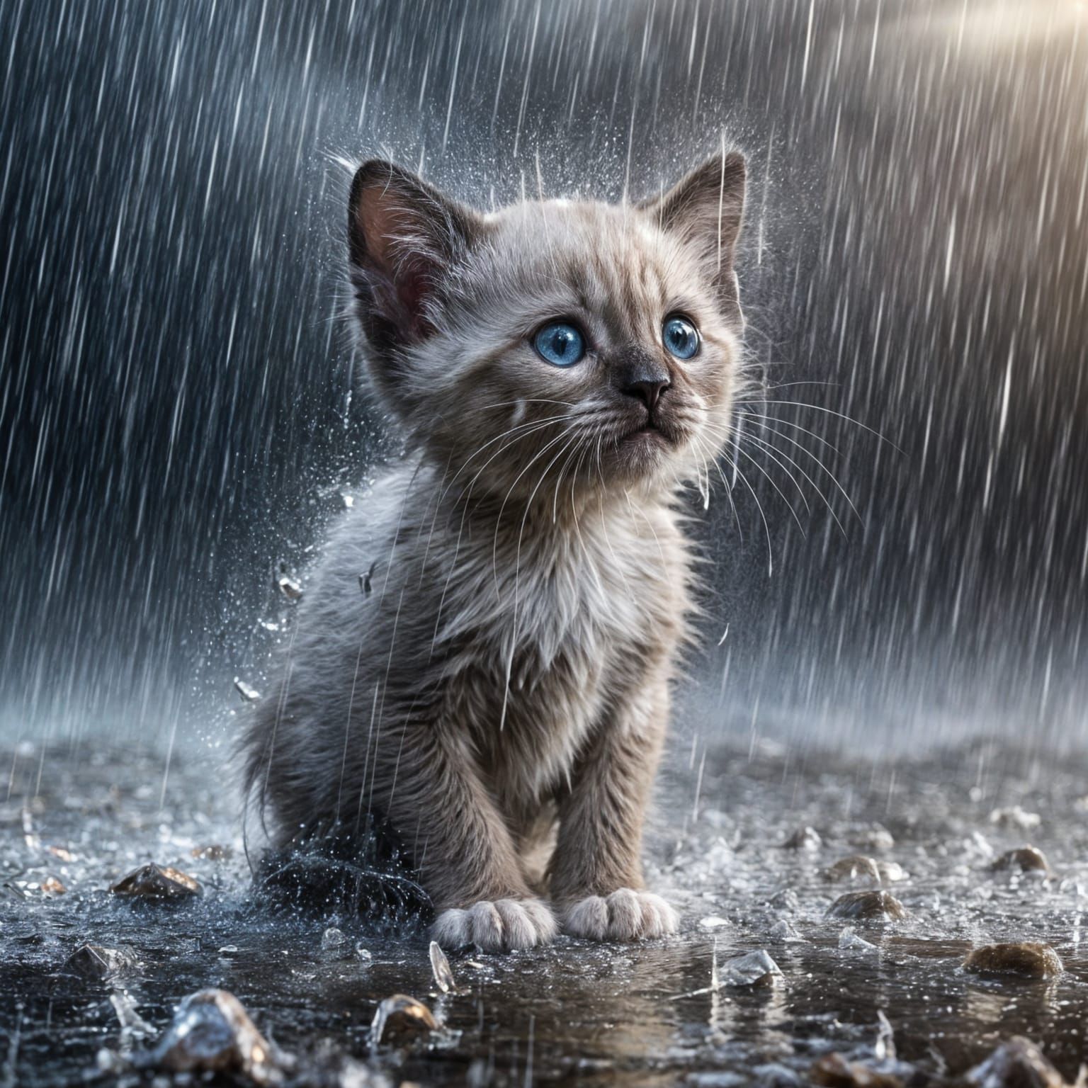 Heartbroken Siamese Kitten Surrounded by Stormy Weather