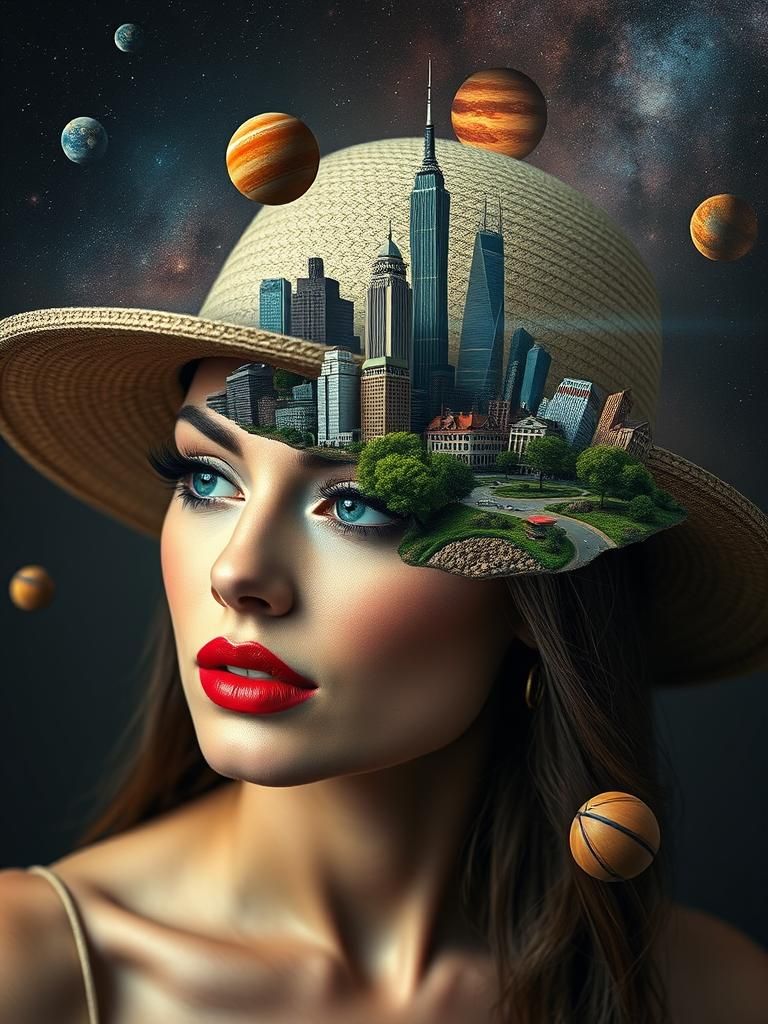 Beautiful woman wearing a hat incuding a city
,surreal ,long...