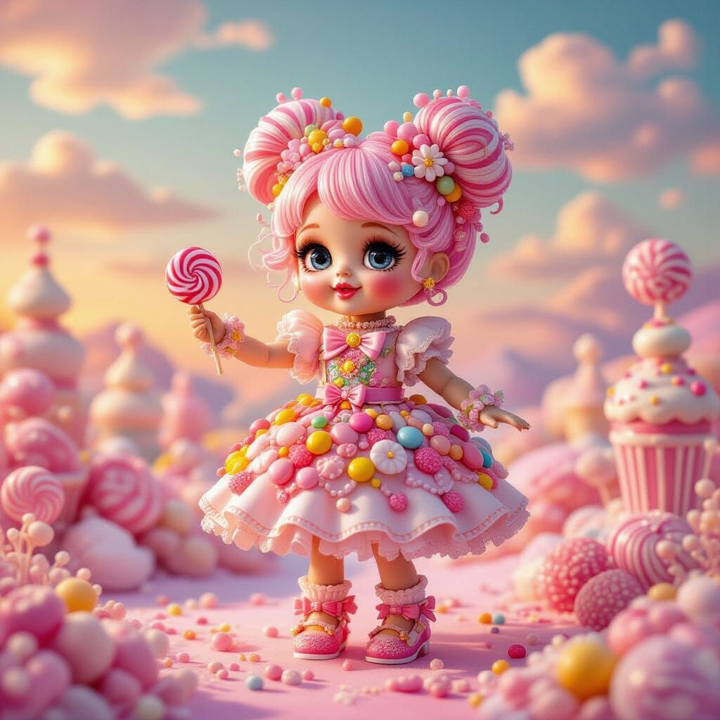 Whimsical Candy Doll in Dreamlike Confectionery Landscape