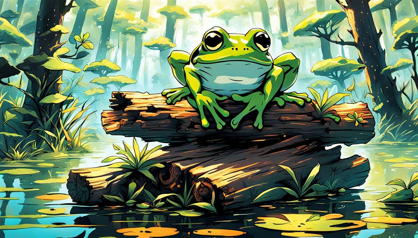 Frog on a log trippy by artist "anime", Anime Key Visual, Ja...