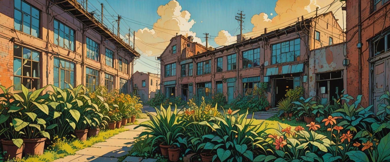 abandoned warehouse district, light, bright, cheerful, clear early morning sunlight, beautiful sky, plants, flowers, vines, trucks, cars, he...