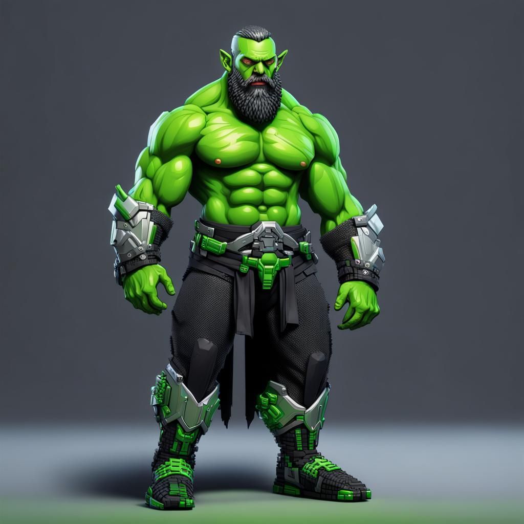 Muscular Green orc full body bearded with Black beard in a s...