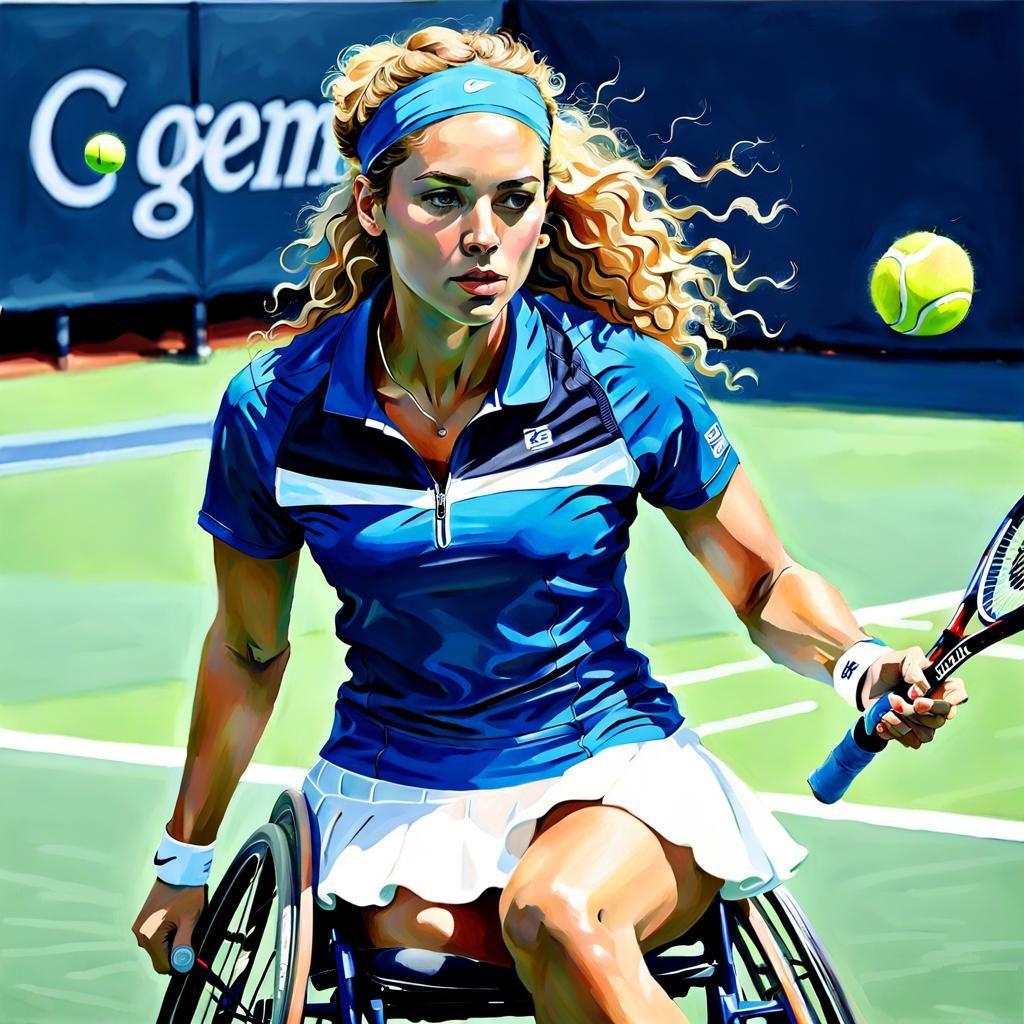 Female wheelchair tennis player is focused on the ball  by @Fokje