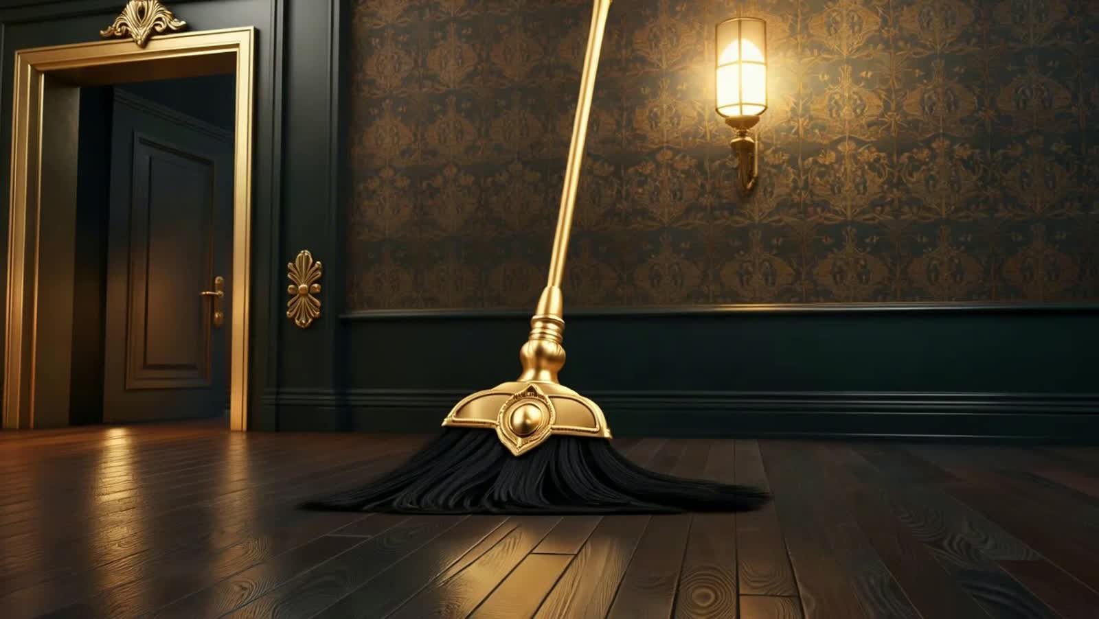 enchanted broom sweeping the floor, lights up