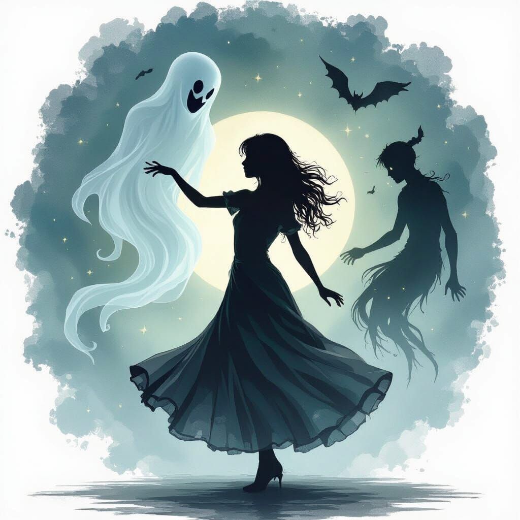 Silhouette of a girl dancing with a ghost by Anna Dittman :: Artgerm Lau :: Anne Stokes :: Leonid Afremov