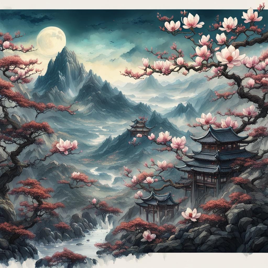 Magnolia Blossoms in Mountain Landscape: Ink Painting