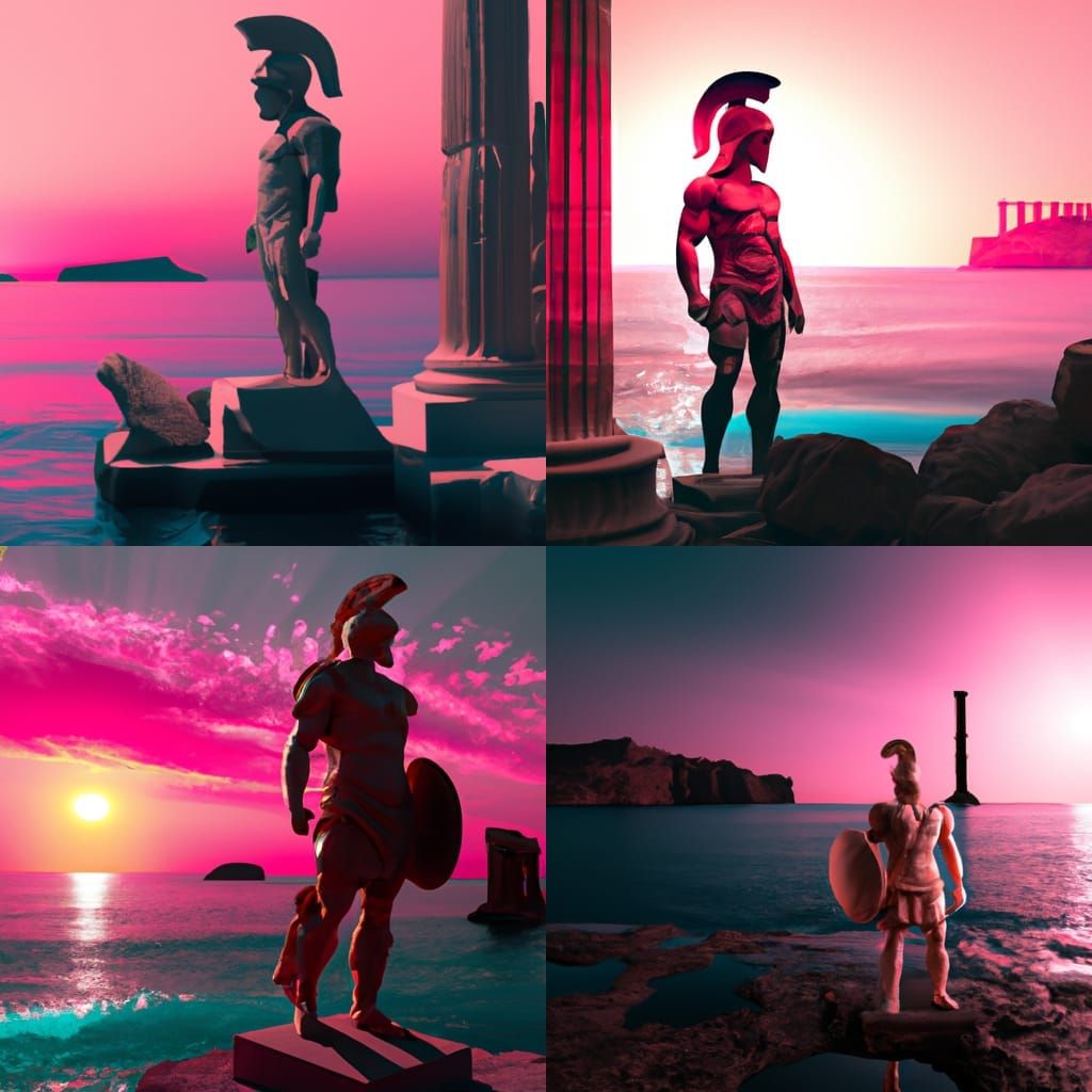 Marble statue of greek soldier in front of Sounion Posideon temple