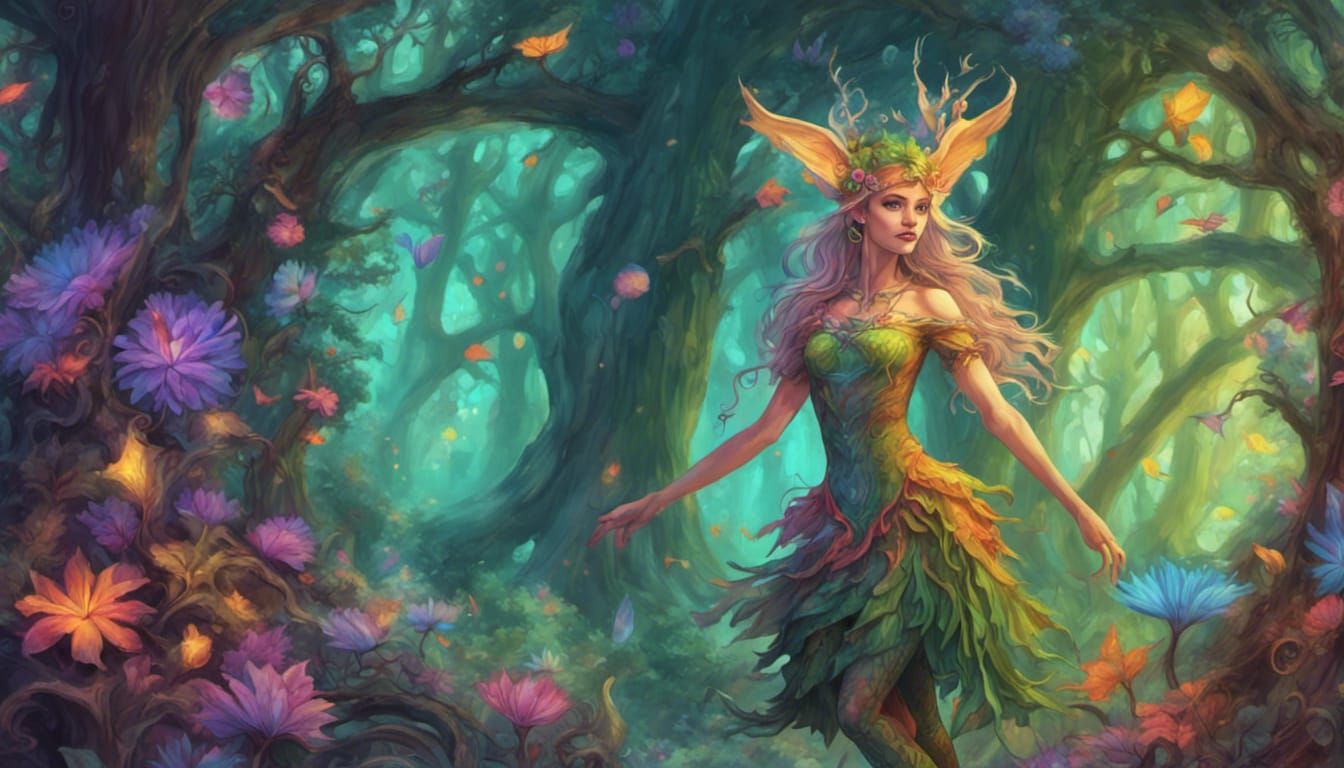 a pretty psychedelic forest elf prancing through a fantasy f...