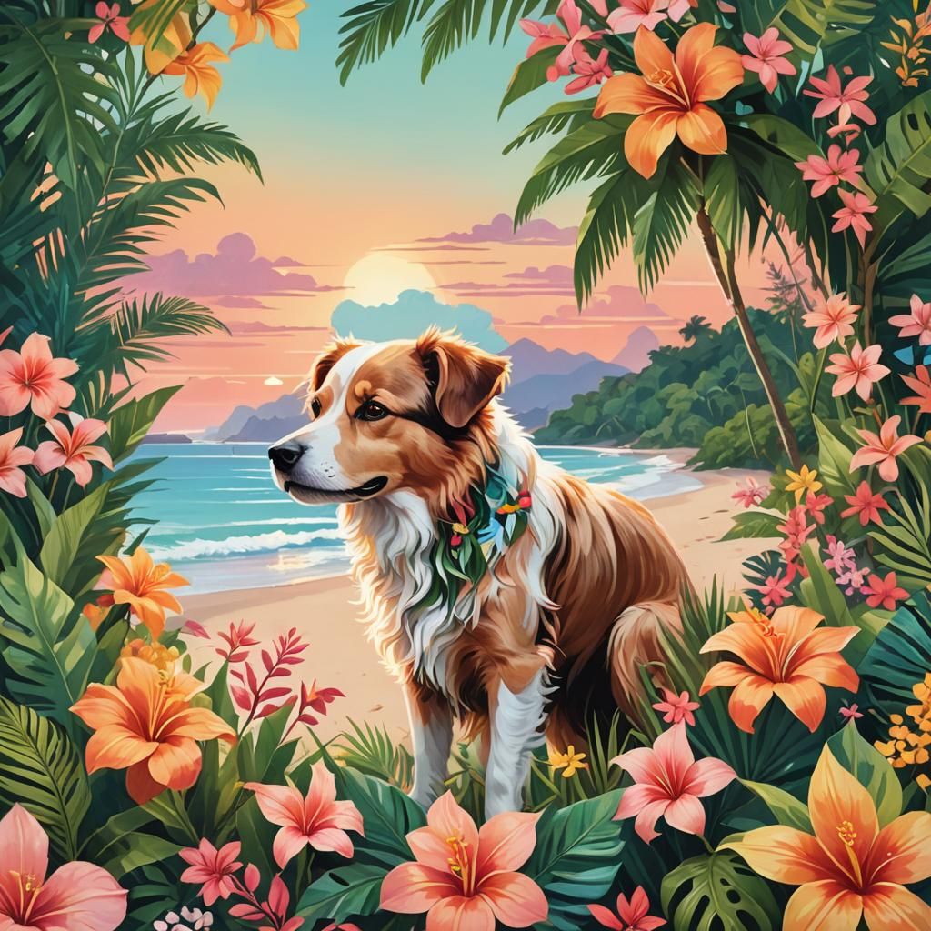 Tropical Island Dog in Floral Paradise: Whimsical Illustrati...