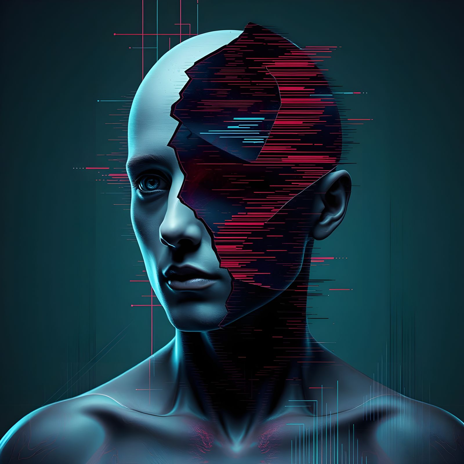 Fragmented Human Figure in Cyberpunk Digital Realm