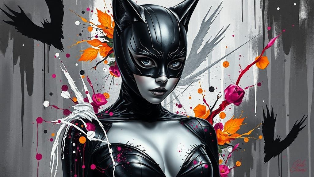 Seductive Catwoman in Black Catsuit: Abstract Realism