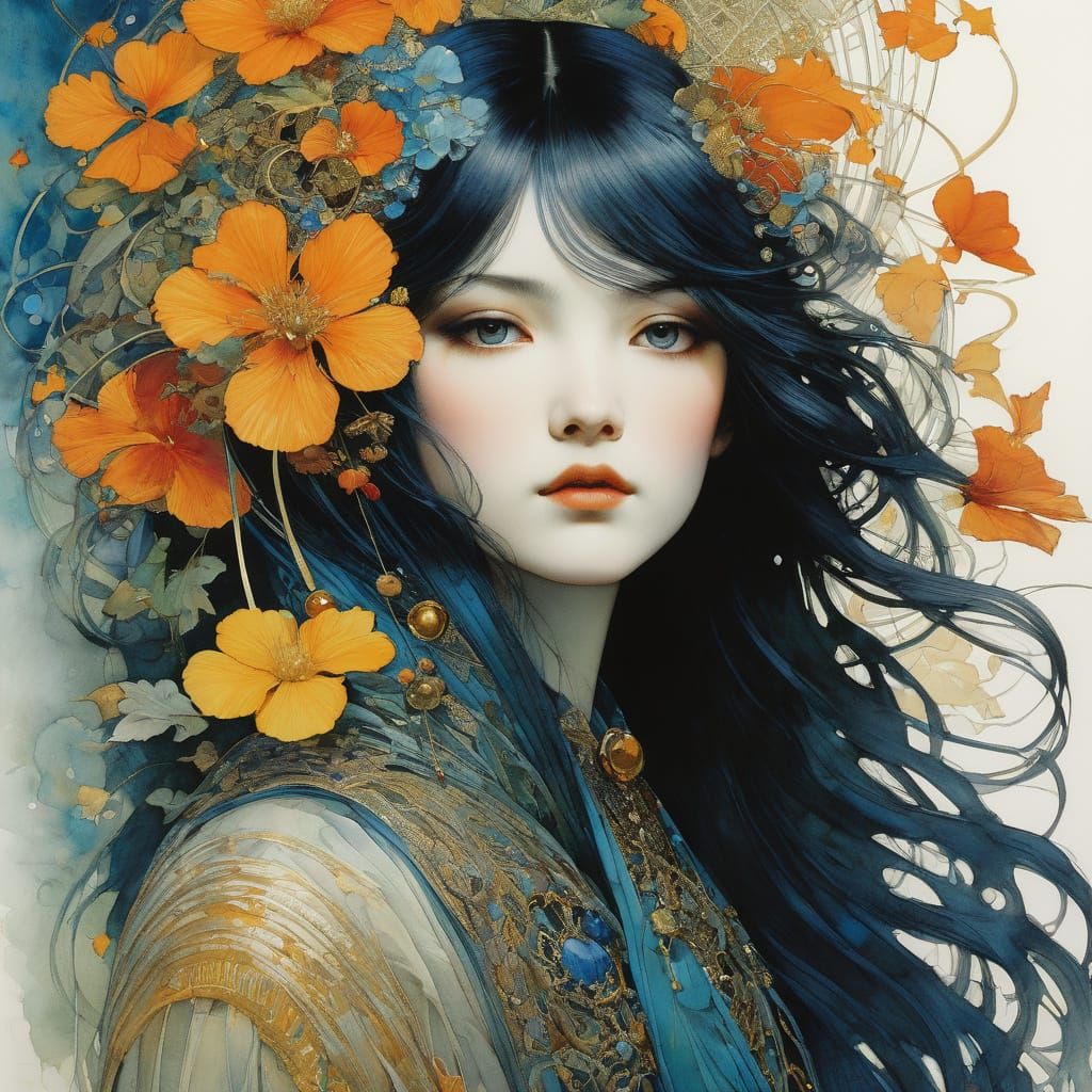 in the style of Anne Bachelier, Karol Bak, Zdzislaw Beksinski, Enki Bilal, Harry Clarke, Erin Hanson