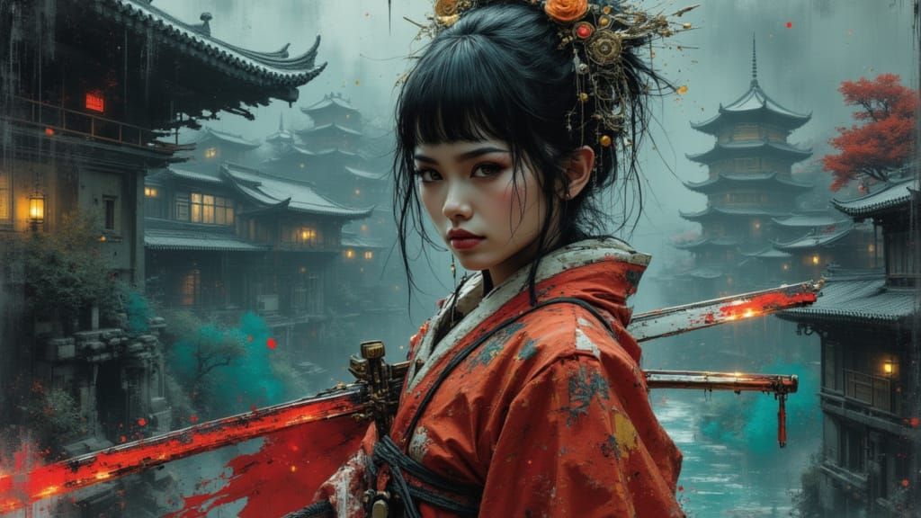 Cybernetic Geisha Ghost Warrior in Acidpunk Neoclassical Sty...