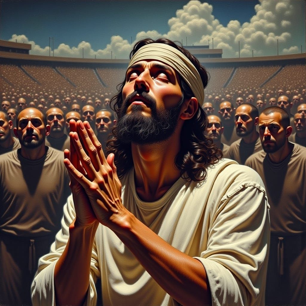 close up of Jesus praying at a football game, hand painted artwork,<lora:FluxinMetal:1.0> 