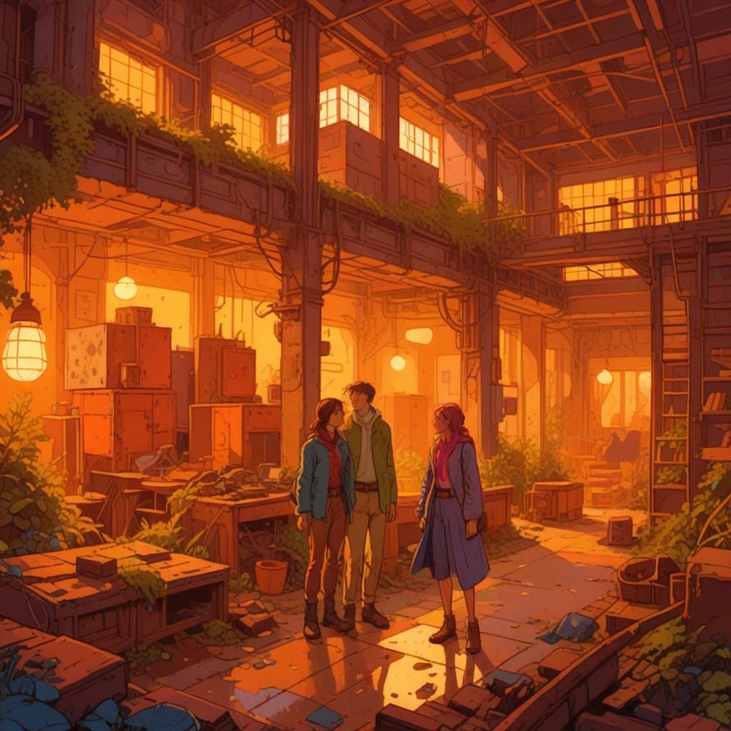 quaint naive scene, man and woman exploring abandoned factory district, industrial wasteland, dumpster, slums, graffiti, debris, benches, da...