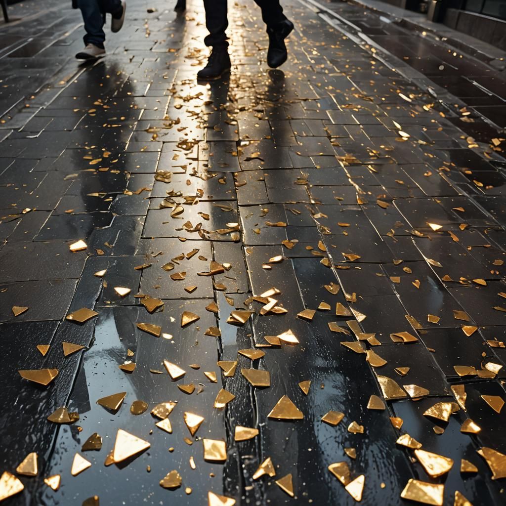 Low-angle shot. Broken glass shards scattered across a city street Medium shot.  Reflections of flickering sun lights on the rain washed str...