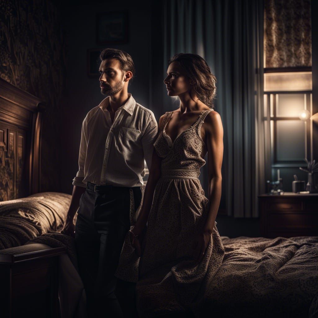 Hyperrealistic Bedroom Scene with Man and Woman