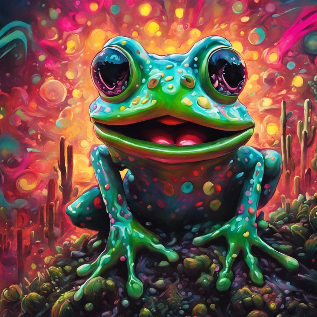 Luminescent Frog Lips licking a cactus tree graffiti art, sp...