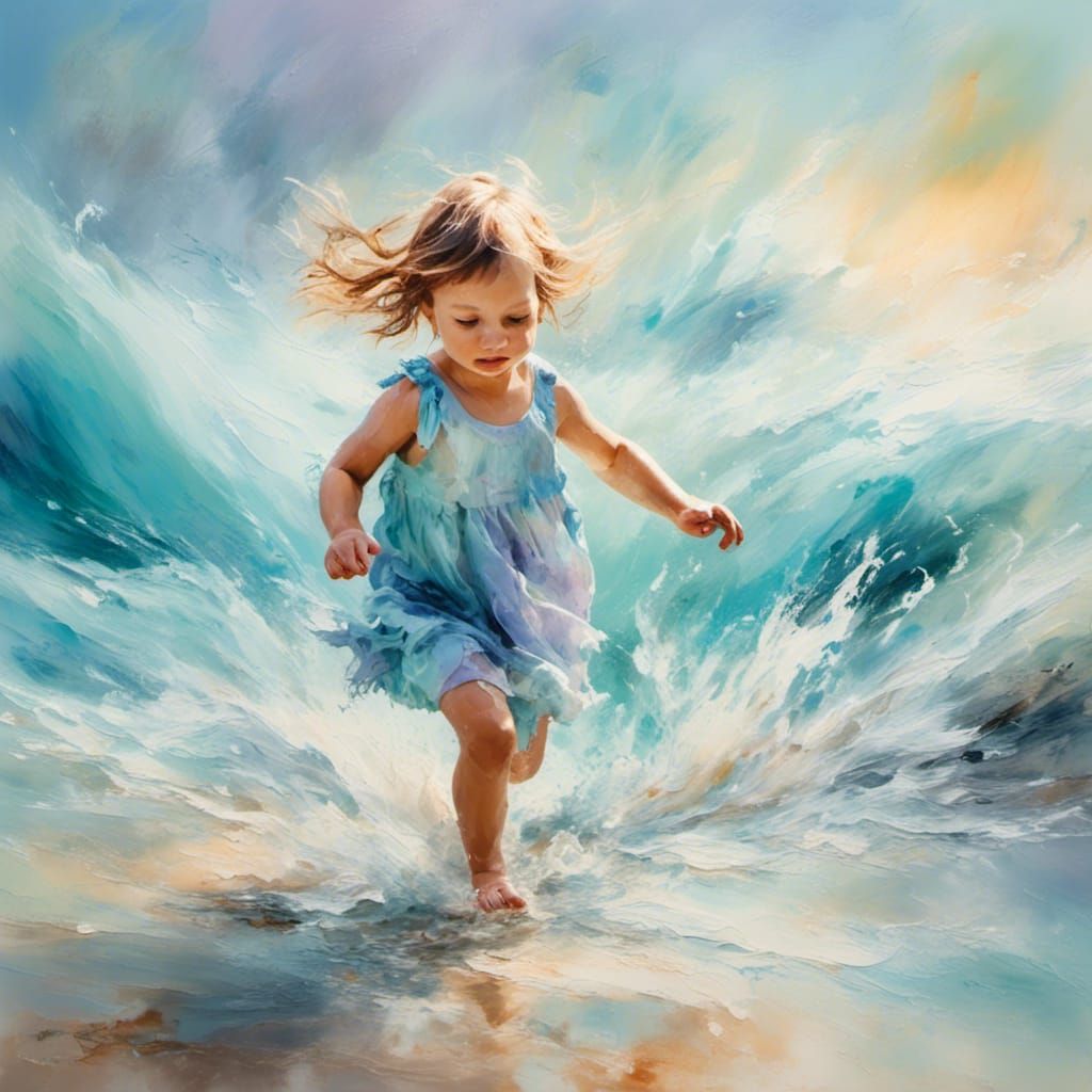Toddler running through the sea waves, airbrush painting ink,  fantasy , delicate, ethereal, expressionism,  <lora:Oolii:1.0> 