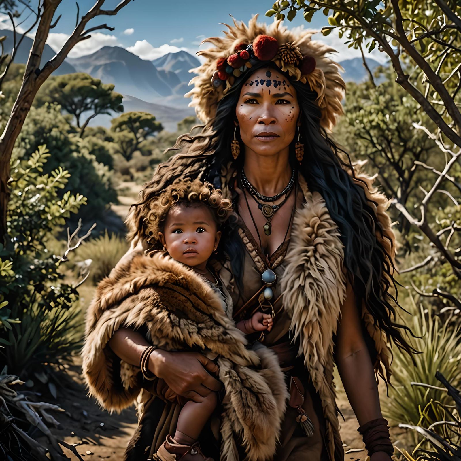 Nomadic cavewomen covered in wild furs, carrying her baby on her back while gathering berries from a ...  by @GiGi