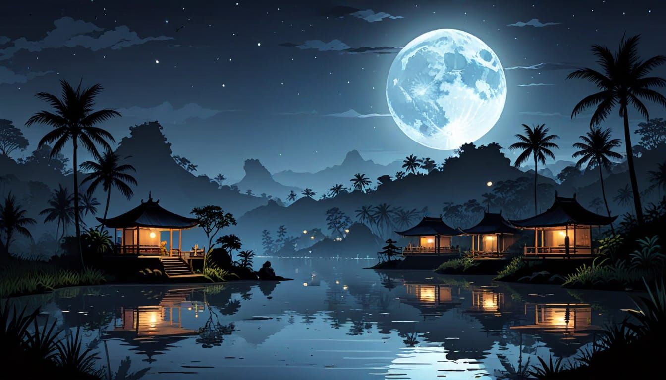 Balinese landscape moonlight, flat ultra minimalist image, 2d vector graphics.  by @Athanasius