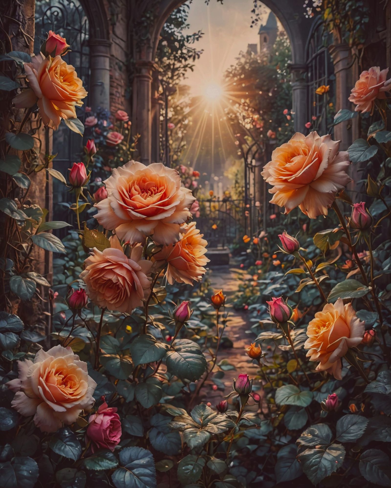 An enchanted garden with roses