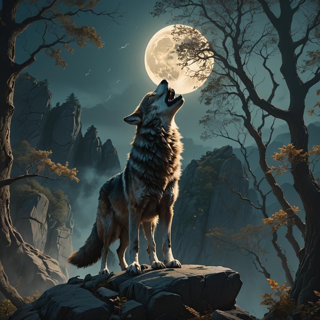 Wolf Howling at Moon in Mystical Forest