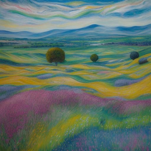 a painting of a surreal landscape with lots of animals