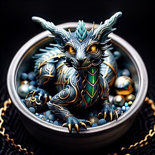 <lora:Noir Royale SD15:1.0> A cute miniature baby dragon sitting in a glass jewelry box overflowing with glowing glass jewelry.