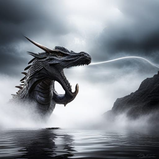 Black dragon breathing water from its mouth