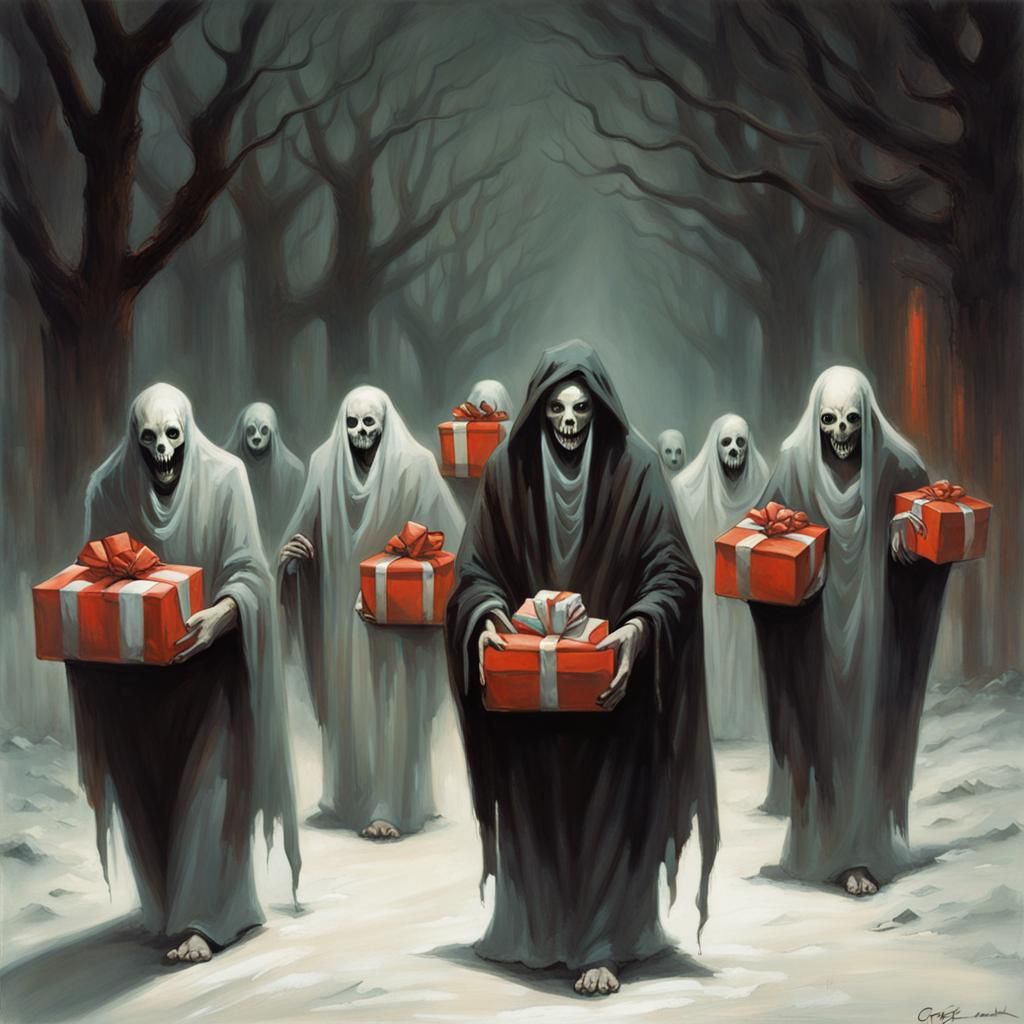 a ceremonial procession of ghosts carrying gifts from the un...