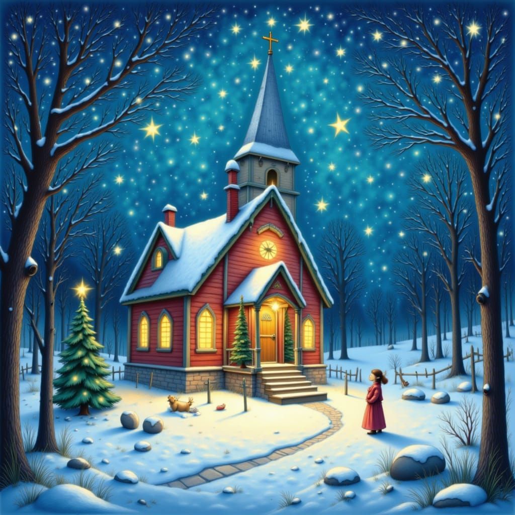 <lora:Storybook Christmas:1.0> Snowy church glowing warmly, bells ringing in steeple