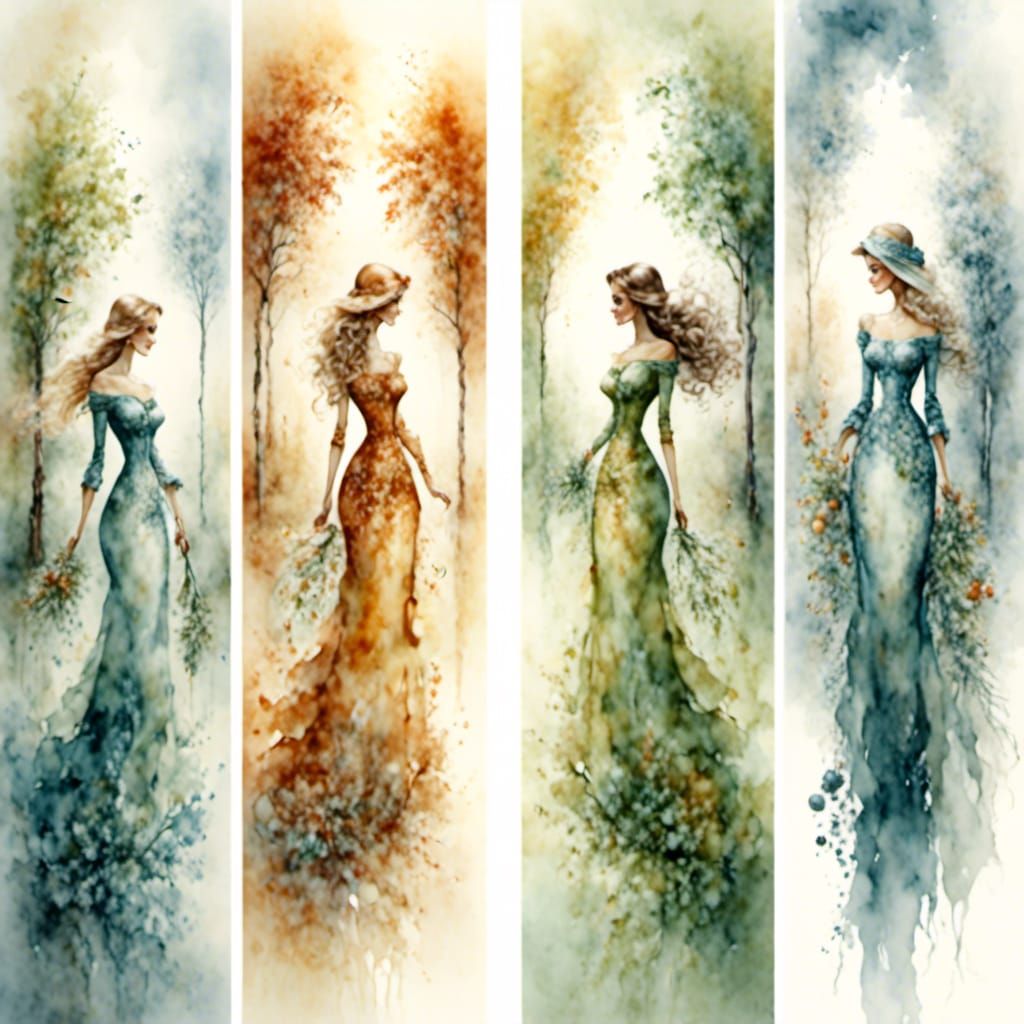 An image divided into four vertical sections of equal width, each representing a different season. The first section depicts spring, the sec...