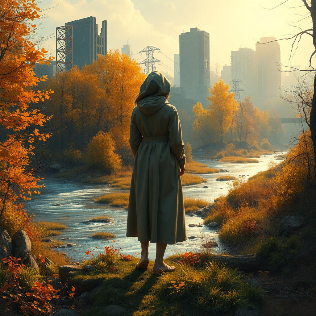 Woman Basks in Autumn Forest Light Amid Ruined Cityscape