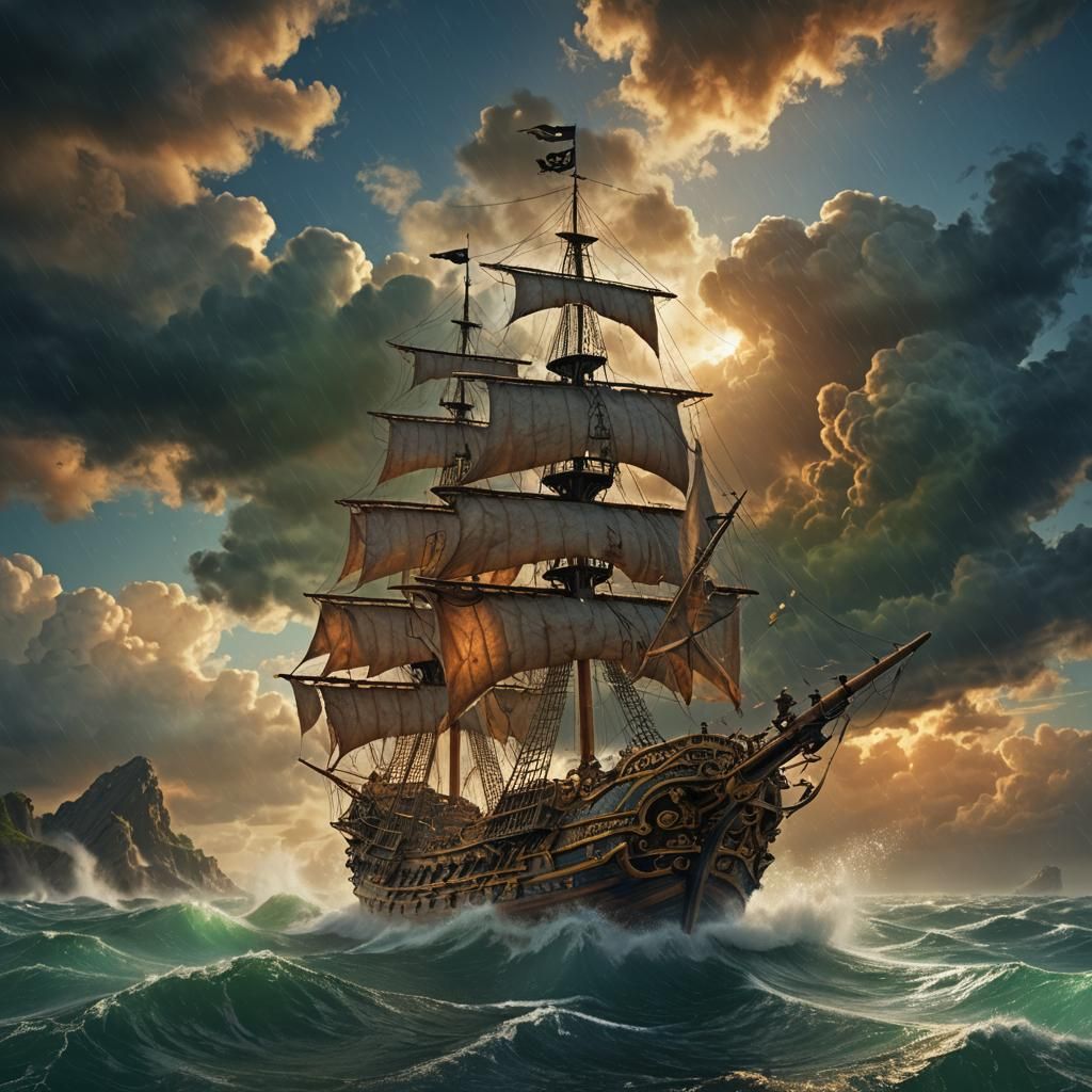 Fantastical Pirate Ship Amidst Mystical Storm