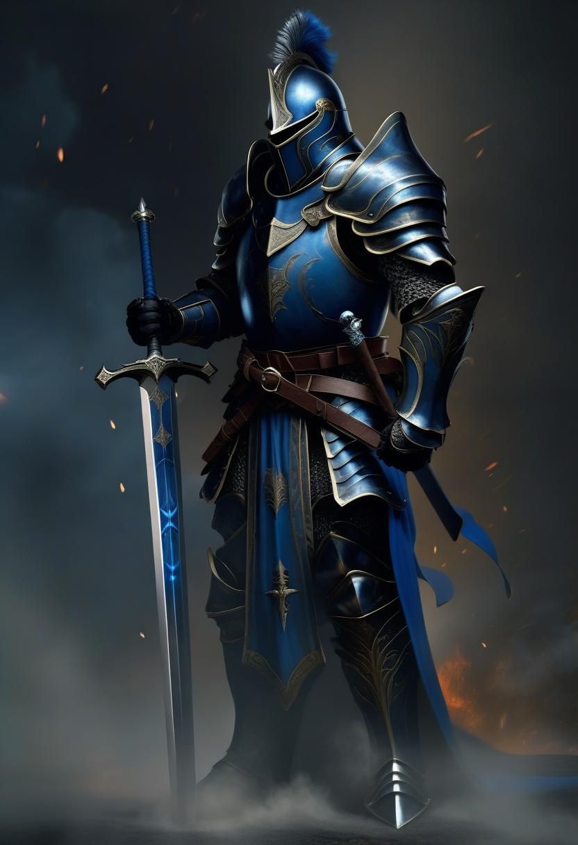 Full armor Knight with a black and blue robe whielding a lon...