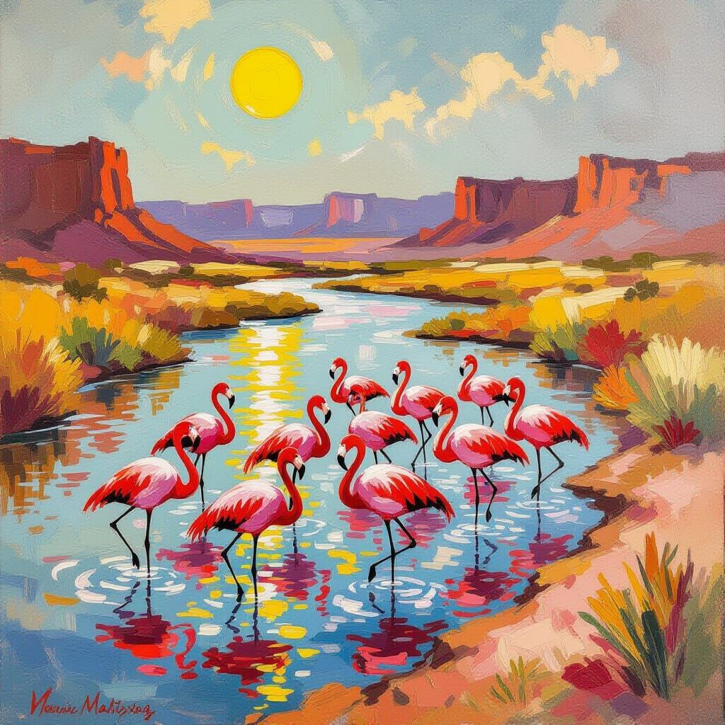 A vibrant flock of flamingos wading through a shallow, sun-drenched river in the American West, their pink plumage stark against the dusty o...