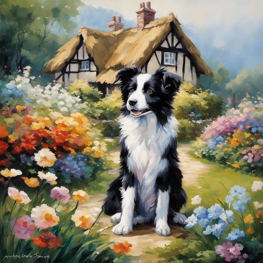 Border Collie with a beautiful old thatched English Cottage ...
