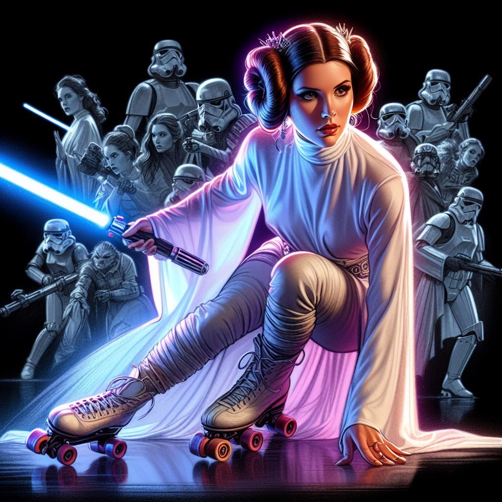 Princess Leia on roller skates with a light saber