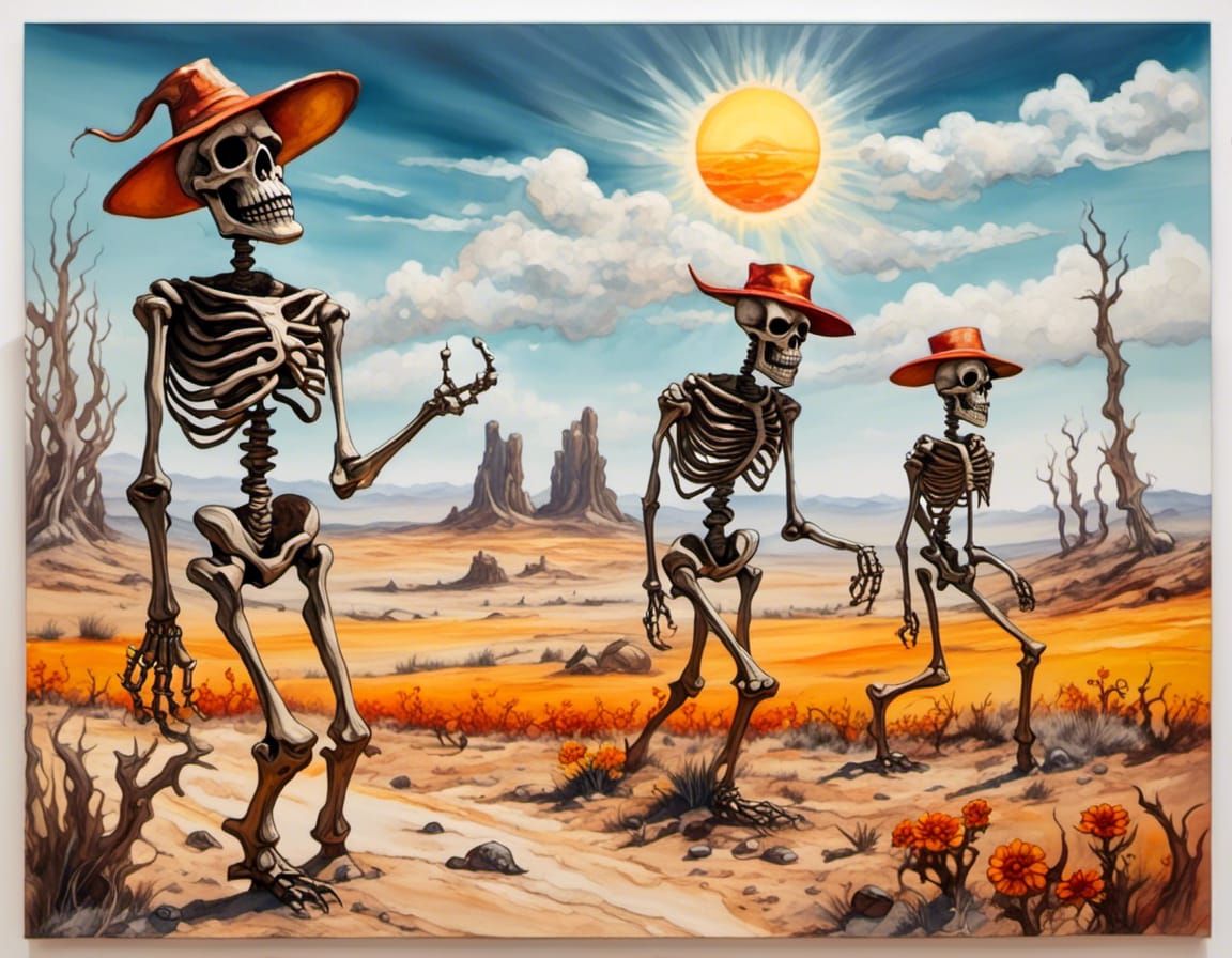<lora:Hot Demonic Weather:1.0>  In the distance Giant skeletons walking across the landscape, side profile, with big floppy sunhats, scorchi...