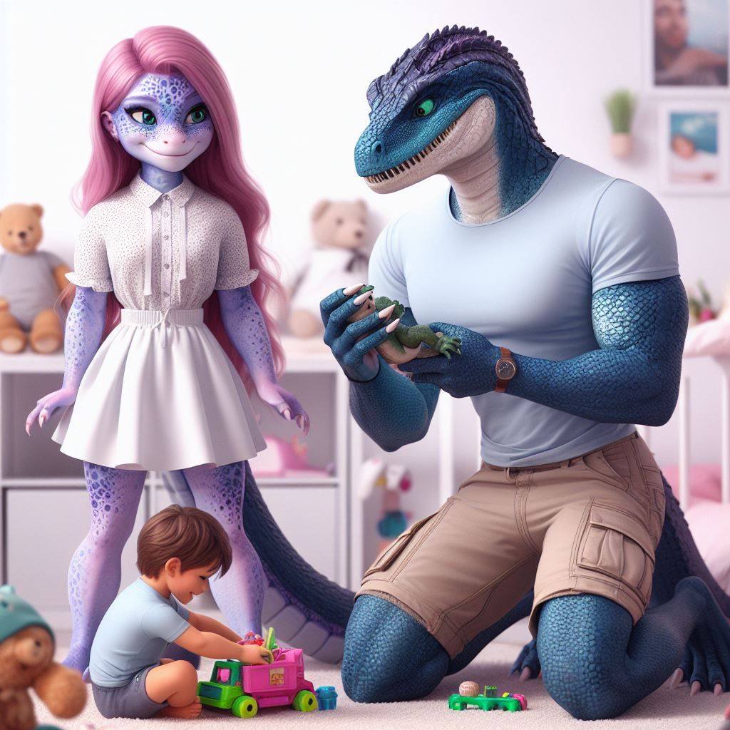 A Single Reptilian Father with His Daughter and New Adopted Human Son