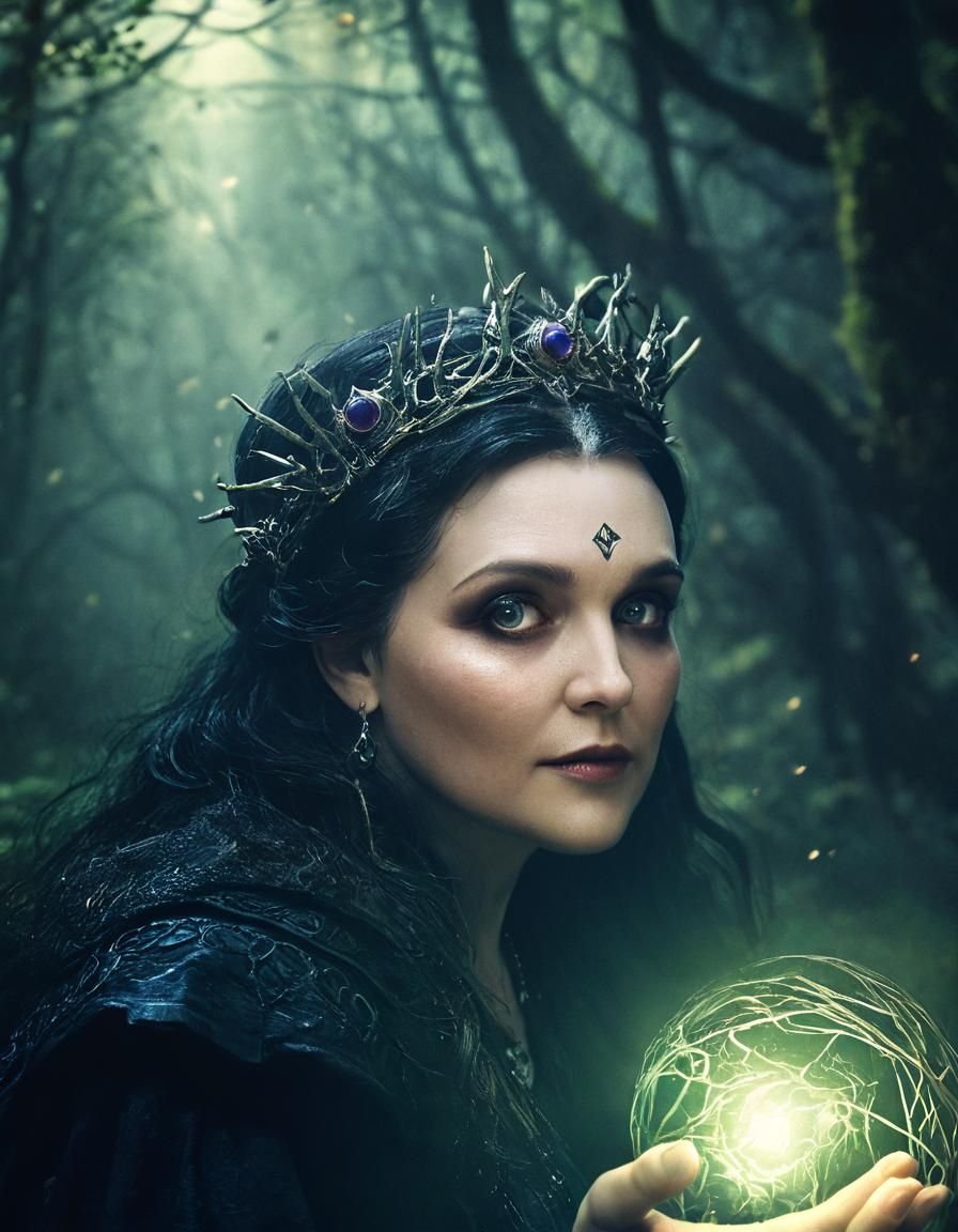 magical forest filled with fairies, glowing with the iridescent green light. Beautiful Witch walking down the bath barefoot looking over her...