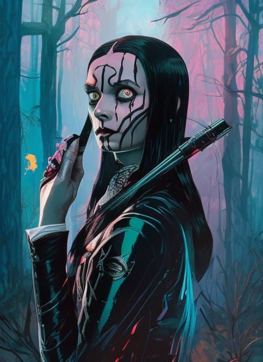 Wednesday Addams Portrait in Gouache Style