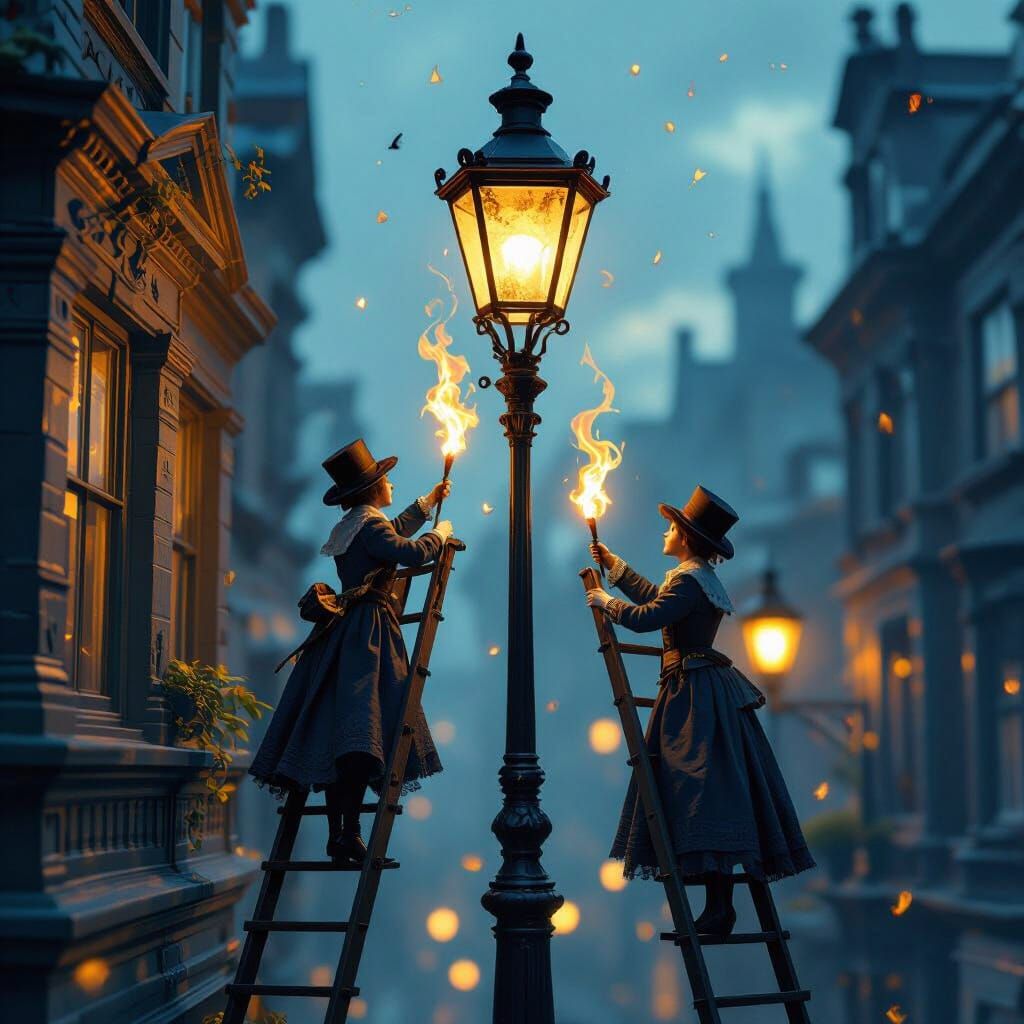 Miniature People Light Streetlamp in Dreamlike Victorian Sce...