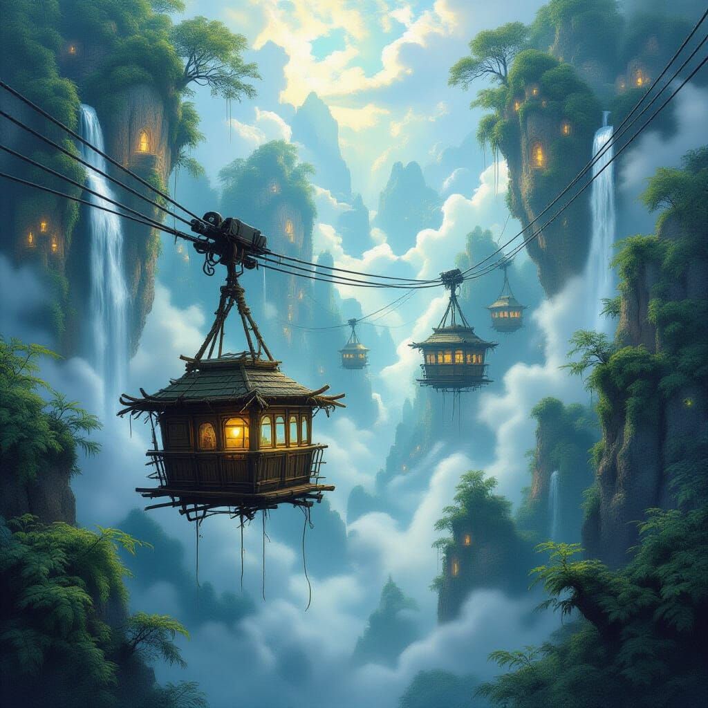 A breathtaking fantasy scene of an ancient cable car system between floating islands above the clouds. The cabins are primitive, crafted fro...
