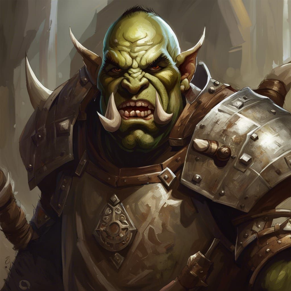 Orc, tusks in mouth, Male, younger looking Orc, Cleric, with...