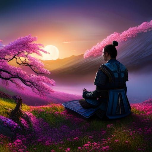 Samurai Meditating Under A Cherry Blossom Tree By The Sea On Craiyon