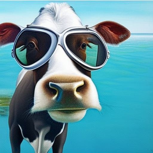 cow in diving googles in sea Hyperrealistic, 
surrealism